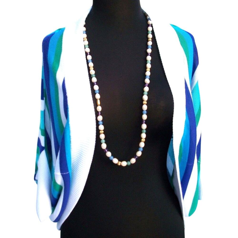 Cache Color Block Blue Green White Jacket Top Knit Shrug New Stretch $108 NWT
